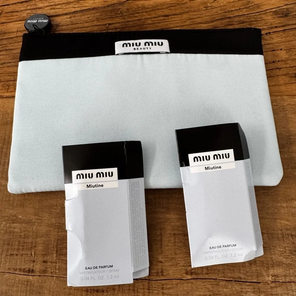 BEAUTIFUL Light Blue & Black Miu Miu Cosmetics Bag w/ TWO perfume samples! NEW